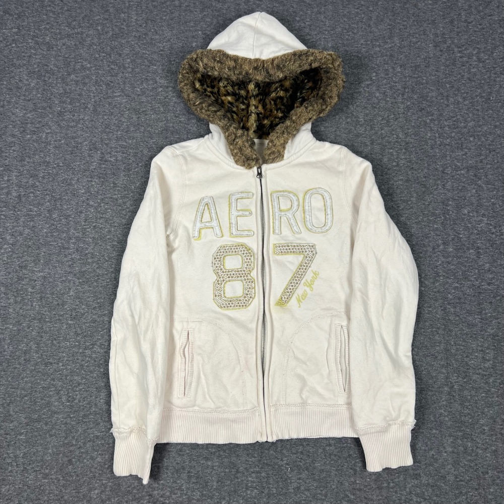 Vintage Y2K Aeropostale Faux Fur Lined Hoodie Jacket Women Medium Cream Full Zip